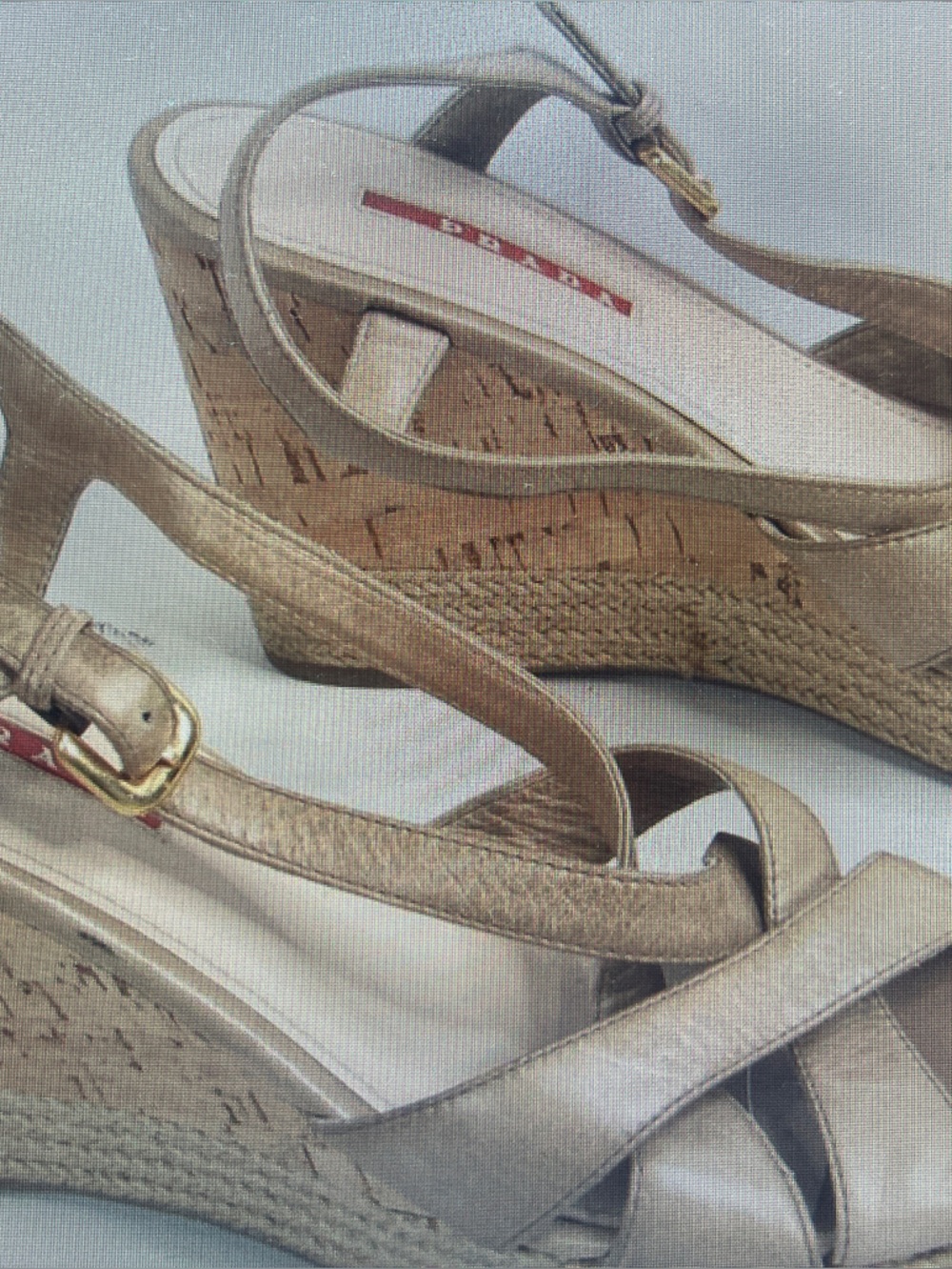 Prada Champagne Metallic Wedge Sandals with Espadrille Cork Heel